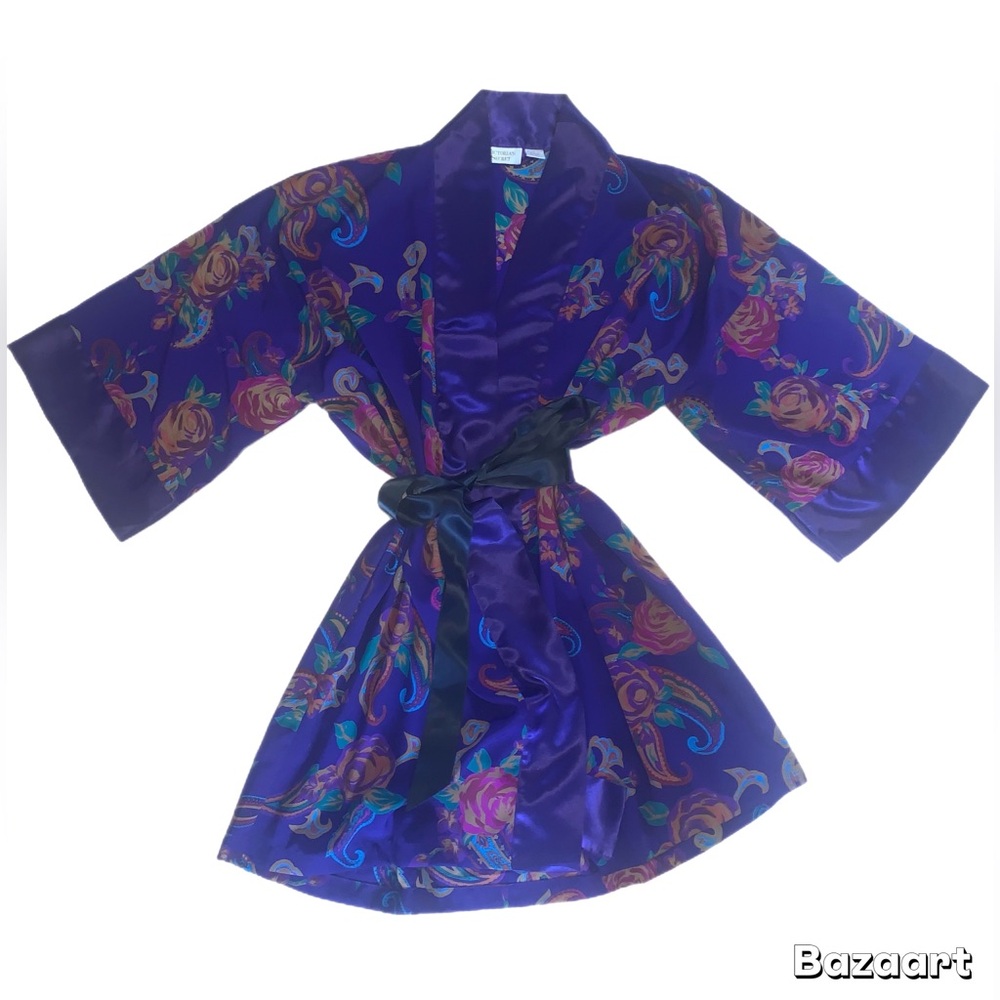 Vintage 1980s Victoria’s Secret Vibrant Floral Satin Kimono Robe